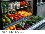 Fully stocked fridge with fresh fruit, vegetables and assorted beverages viewed through the open door in a healthy lifestyle concept. Стоковое AI-изображение, AI-художник Ирина Михайличенко / Фотобанк Лори