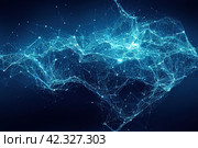 Beautiful abstract background. Intertwined blue bright lines on a dark background. Image to illustrate relationships, social networks, communications, telecommunications and space. Generative AI. Стоковое AI-изображение, AI-художник Андрей Степанов / Фотобанк Лори