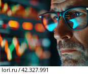 Focused Analyst Reviewing Market Data on Screens. Стоковое AI-изображение, AI-художник Кирилл Черезов / Фотобанк Лори