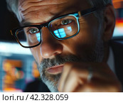 Focused Analyst Reviewing Market Data on Screens. Стоковое AI-изображение, AI-художник Кирилл Черезов / Фотобанк Лори