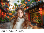 Girl with headphones on pixelated digital colorful background, immersion in gaming virtual reality. Стоковое AI-изображение, AI-художник Евгений Харитонов / Фотобанк Лори