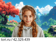 Girl dissolves in a pixelated gaming digital reality. Стоковое AI-изображение, AI-художник Евгений Харитонов / Фотобанк Лори