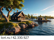 Serene view of small cabins on an island surrounded by water island in archipelago. Landscape of idyllic island cottages in archipelago, outdoors. Nature life freedom concept. Copy ad text space. Стоковое AI-изображение, AI-художник Aleksandr Golubev / Фотобанк Лори