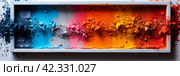 Holi background, voluminous and airy colored powder on a light background with empty space for design. Banner. Стоковое AI-изображение, AI-художник Мария Фадеева / Фотобанк Лори