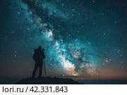 Night Starfall: A mystical show of shining meteors in the darkness of the night sky. Стоковое AI-изображение, AI-художник Юрий Поздников / Фотобанк Лори