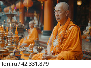Wisdom in the Monastery: Chinese Elders at the Ceremony, Embodying Ancient Teachings and the Delicacy of Rituals in Their Soul. Стоковое AI-изображение, AI-художник Юрий Поздников / Фотобанк Лори