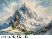 Snowy white peaks rise against the clear blue winter sky,Generative AI. Стоковое AI-изображение, AI-художник Анна Кривицкая / Фотобанк Лори