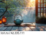 Chinese Ceremony. Brown ceramic pot and brown cup .Green tea on bamboo mat, aged wooden table. Japanese Tea - Hot Teapot And Teacups On Bamboo Mat. Стоковое AI-изображение, AI-художник Ирина Михайличенко / Фотобанк Лори
