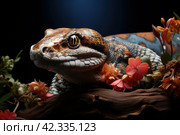 Lizard on a branch and a dark background from behind, close-up,Generative AI. Стоковое AI-изображение, AI-художник Анна Кривицкая / Фотобанк Лори