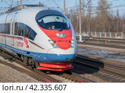 Передняя часть движущегося скоростного поезда ЭВС1-14 "Сапсан" крупным планом солнечным мартовским днем. Октябрьская железная дорога (2024 год). Редакционное фото, фотограф Виктор Карасев / Фотобанк Лори