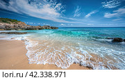 Azure beach landscape, sea beauty, Images for Booklets, advertising of Travel agencies. Стоковое AI-изображение, AI-художник Ирина Ручушкина / Фотобанк Лори