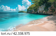 Azure beach landscape, sea beauty, Images for Booklets, advertising of Travel agencies. Стоковое AI-изображение, AI-художник Ирина Ручушкина / Фотобанк Лори