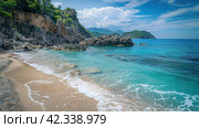 Azure beach landscape, sea beauty, Images for Booklets, advertising of Travel agencies. Стоковое AI-изображение, AI-художник Ирина Ручушкина / Фотобанк Лори