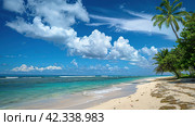 Azure beach landscape, sea beauty, Images for Booklets, advertising of Travel agencies. Стоковое AI-изображение, AI-художник Ирина Ручушкина / Фотобанк Лори