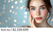 Closeup portrait young 20s beautiful woman touch her perfect smooth skin on glowing light background. Sensuality, natural beauty, plastic surgery, aesthetic medicine, cosmetology, cosmetics, skin care. Стоковое AI-изображение, AI-художник Alexander Tihonovs / Фотобанк Лори