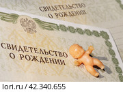 Два документа свидетельства о рождении и пупсик (2024 год). Редакционное фото, фотограф Евгения Золкина / Фотобанк Лори
