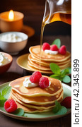Pancakes with raspberry and sour cream,mint leaf.Масленица.Оладьи,блинчики с малиной,сметаной,творог. Стоковое AI-изображение, AI-художник Галина Беляева / Фотобанк Лори