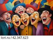 Laughing buddies, group of friends laughing together, their faces filled with joy and mirth. Стоковое AI-изображение, AI-художник Виктория Тельминова / Фотобанк Лори