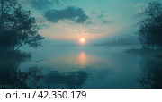 Sun Setting Over Calm Lake. Стоковое AI-изображение, AI-художник Юлия Гапеенко / Фотобанк Лори