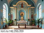 Sacred iconostasis with Easter patterns in a church church. Стоковое AI-изображение, AI-художник Юрий Поздников / Фотобанк Лори