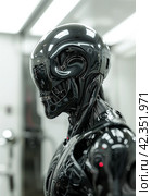 Side profile view of black Android robor. Future, modern technology and innovations concept. Стоковое AI-изображение, AI-художник Alexander Tihonovs / Фотобанк Лори