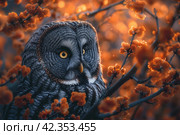 Portrait of a beautiful owl in a tree with orange flowers. Стоковое AI-изображение, AI-художник Евгений Харитонов / Фотобанк Лори