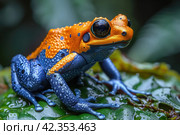 Red and blue poison dart frog. Стоковое AI-изображение, AI-художник Евгений Харитонов / Фотобанк Лори