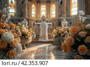 The Paschal Prayer of a Priest in a Church Church: Spiritual Merging with the Higher in the Emanation of Light and Repentance. Стоковое AI-изображение, AI-художник Юрий Поздников / Фотобанк Лори