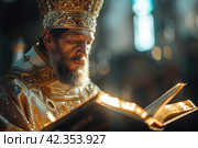 Priest with a Bible: The Magic of Light and the Mysticism of Spiritual Reading. Стоковое AI-изображение, AI-художник Юрий Поздников / Фотобанк Лори