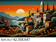 Nostalgic Retro italian landscape view. Generate Ai. Стоковое AI-изображение, AI-художник Иван Рябоконь / Фотобанк Лори