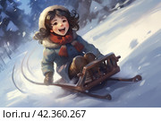 Joyful Smiling kid sledding snow. Generate Ai. Стоковое AI-изображение, AI-художник Иван Рябоконь / Фотобанк Лори