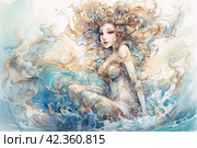 Watercolor painting of a beautiful mermaid with long hair in the sea. Стоковое AI-изображение, AI-художник Анна Кривицкая / Фотобанк Лори