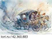 Horse-drawn carriage in the winter forest. Watercolor painting. Стоковое AI-изображение, AI-художник Анна Кривицкая / Фотобанк Лори