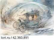 Horse-drawn carriage in the winter forest. Watercolor painting. Стоковое AI-изображение, AI-художник Анна Кривицкая / Фотобанк Лори