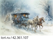 Horse-drawn carriage in the winter forest. Watercolor painting. Стоковое AI-изображение, AI-художник Анна Кривицкая / Фотобанк Лори
