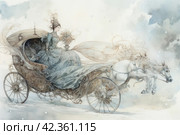 Horse-drawn carriage in the winter forest. Watercolor painting. Стоковое AI-изображение, AI-художник Анна Кривицкая / Фотобанк Лори