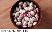 Cranberry beans spinning. Borlotti bean pods in wooden bowl. Top view. Stylish modern food background. Magenta color. Creative foodstuff flat lay. Grocery, dietary backdrop. Advertising, trendy video. Стоковое видео, видеограф Марина Демидюк / Фотобанк Лори