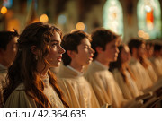 A choir of singers sings at the consecration of the church: sounds of reverence for the shrine. Стоковое AI-изображение, AI-художник Юрий Поздников / Фотобанк Лори