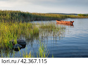 Средний Урал, рыбацкая лодка на озере Чебаркуль. The Middle Urals, a fishing boat on Lake Chebarkul. Стоковое фото, фотограф Евгений Романов / Фотобанк Лори