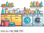 Set of Cleaning supplies on white background. Cleaning tools. Washing machine, Detergents Cleanser for apartments, Water bucket for Mopping, Chemicals Appliances for service. Cartoon Household. Стоковое AI-изображение, AI-художник Ирина Михайличенко / Фотобанк Лори