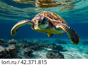 Green sea Turtle (Testudines) mammal swimming in tropical underwaters. Turtles in underwater wild animal world. Observation of wildlife ocean. Scuba diving adventure in Ecuador coast. Стоковое AI-изображение, AI-художник Aleksandr Golubev / Фотобанк Лори