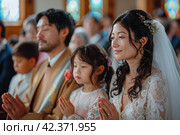 Wedding Wedding in the Church: A Sacred Union Under the Prayers of Friends and Relatives. Стоковое AI-изображение, AI-художник Юрий Поздников / Фотобанк Лори