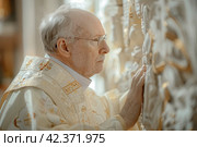 Blessing for the walls: the priest prays and bestows mercy on the sacred structures. Стоковое AI-изображение, AI-художник Юрий Поздников / Фотобанк Лори