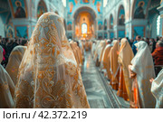 Solemn procession: the faithful walk along the renovated chapels and icons in the church. Стоковое AI-изображение, AI-художник Юрий Поздников / Фотобанк Лори