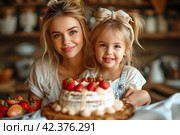 Loving mother taking care of her child in every moment of life and right now they spending time together preparing birthday cake for Daddy. Happy family, welfare and upbringing of children concept. Стоковое AI-изображение, AI-художник Ирина Михайличенко / Фотобанк Лори