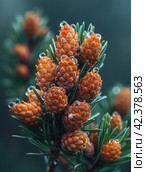 Close-up of the edge and texture of an entire juniper branch with berries,Generative AI. Стоковое AI-изображение, AI-художник Анна Кривицкая / Фотобанк Лори