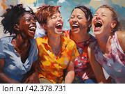 Laughing buddies, group of friends laughing together, their faces filled with joy and mirth. Стоковое AI-изображение, AI-художник Виктория Тельминова / Фотобанк Лори