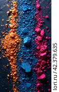 Holi background, colored powder on dark background with empty space for design. Стоковое AI-изображение, AI-художник Мария Фадеева / Фотобанк Лори