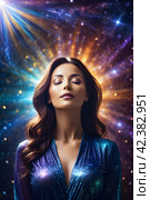 Woman with closed eyes concept connection with the universe, subconscious, space. Стоковое AI-изображение, AI-художник Наталья Симакова / Фотобанк Лори