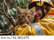 Worker in hard hat rescuing a kitten stuck in tree with a gentle gesture. Стоковое AI-изображение, AI-художник Юрий Поздников / Фотобанк Лори